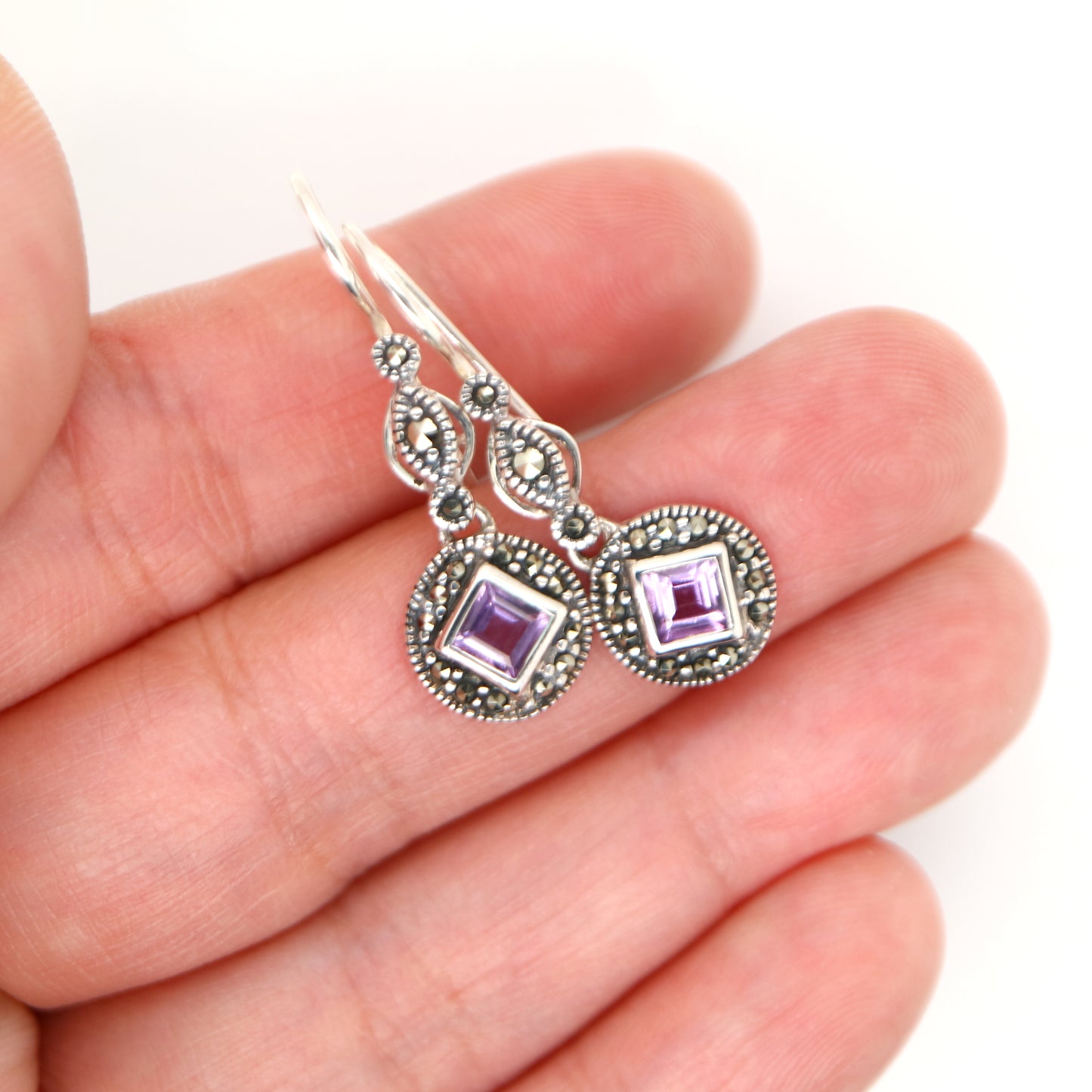 Art deco princess cut amethyst drop earrings with marcasite in sterling silver