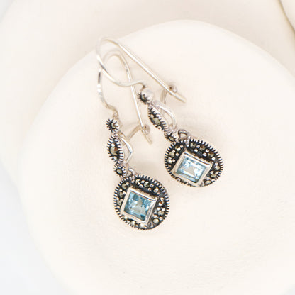 Art deco princess cut blue topaz drop earrings with marcasite in sterling silver