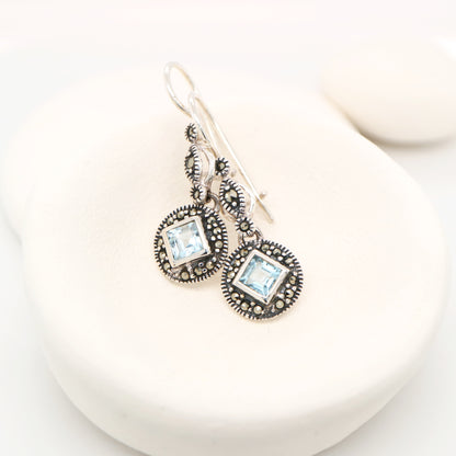 Art deco princess cut blue topaz drop earrings with marcasite in sterling silver