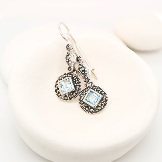 Art deco princess cut blue topaz drop earrings with marcasite in sterling silver