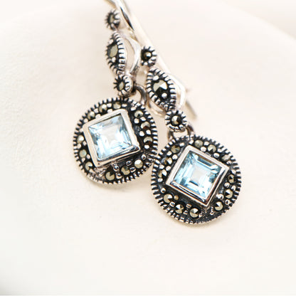 Art deco princess cut blue topaz drop earrings with marcasite in sterling silver