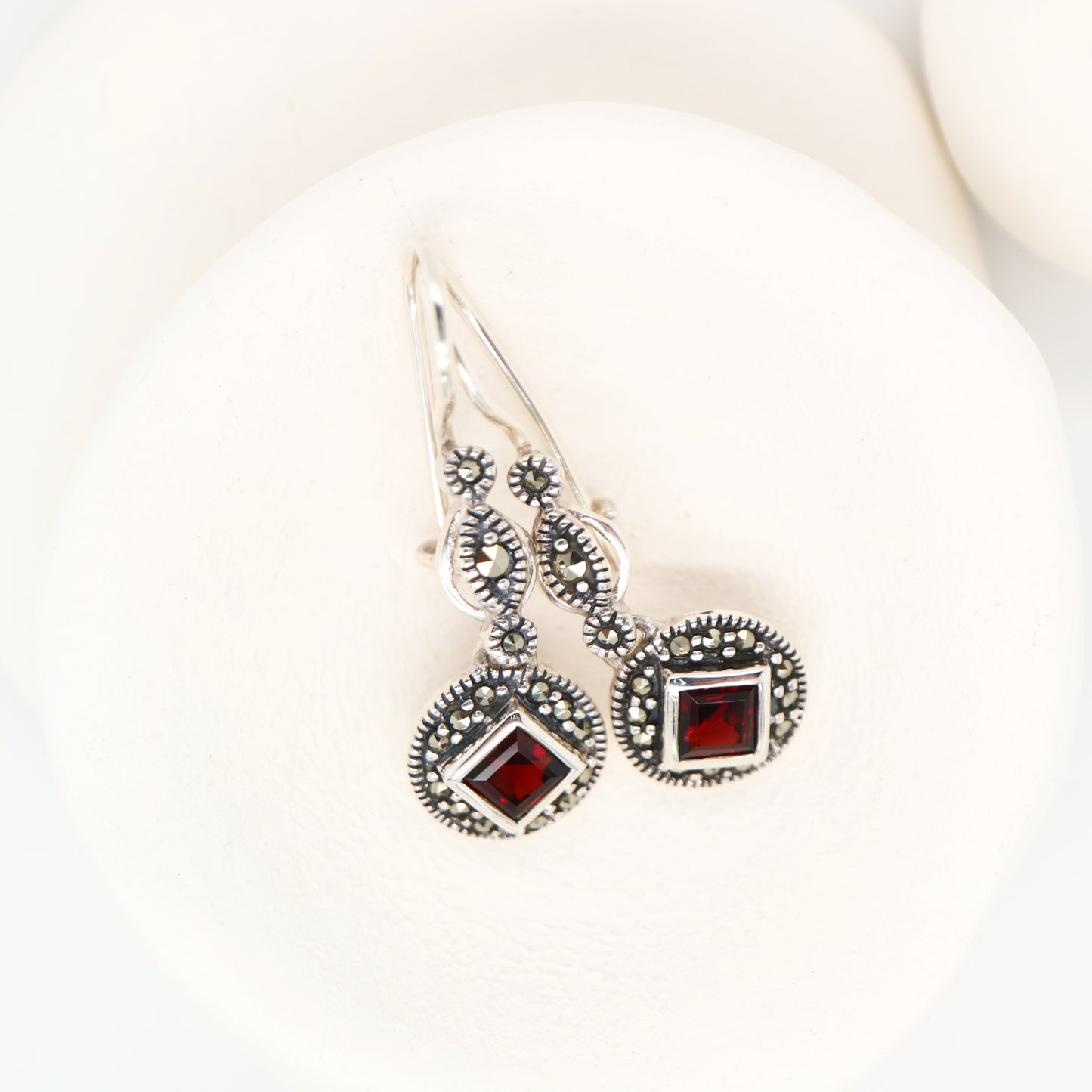 Art deco princess cut garnet drop earrings with marcasite in sterling silver