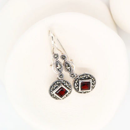 Art deco princess cut garnet drop earrings with marcasite in sterling silver
