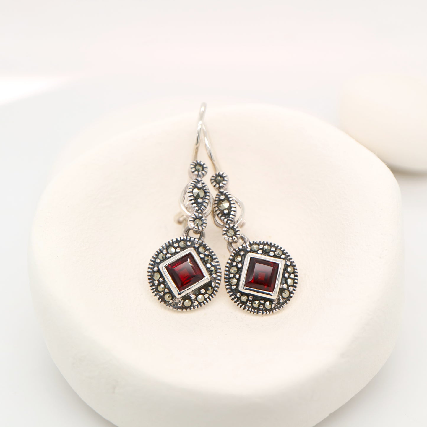 Art deco princess cut garnet drop earrings with marcasite in sterling silver