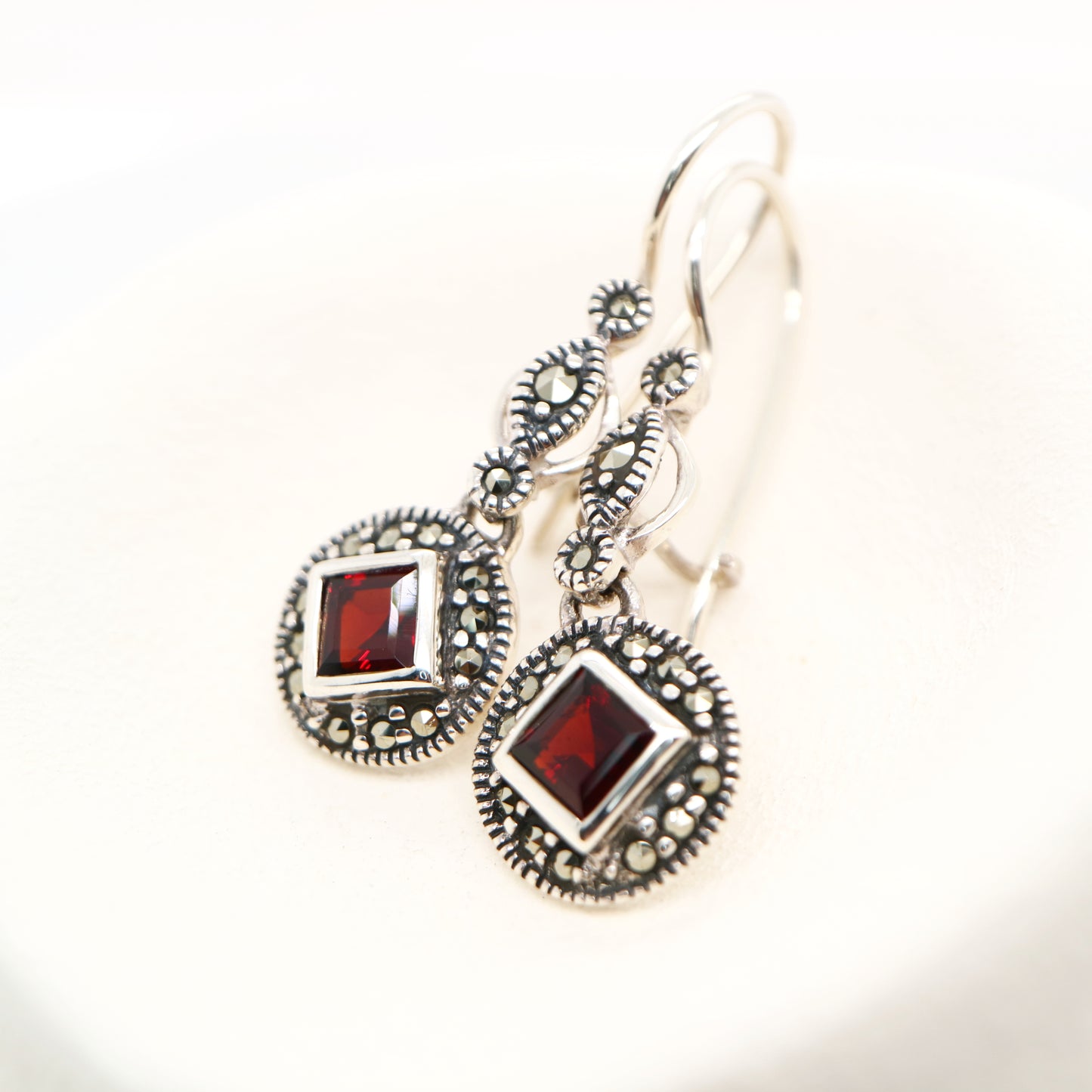 Art deco princess cut garnet drop earrings with marcasite in sterling silver
