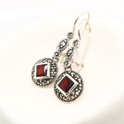 Art deco princess cut garnet drop earrings with marcasite in sterling silver