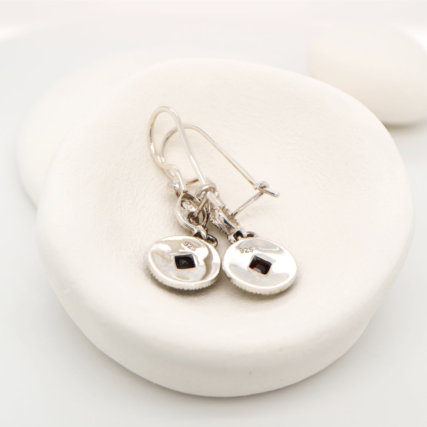 Art deco princess cut garnet drop earrings with marcasite in sterling silver