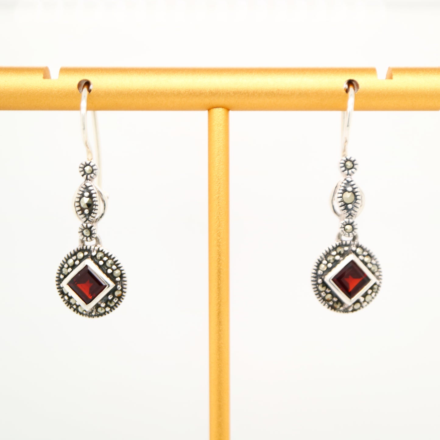 Art deco princess cut garnet drop earrings with marcasite in sterling silver