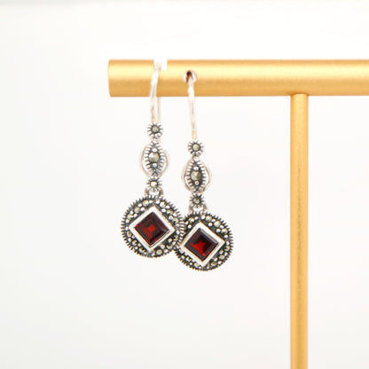 Art deco princess cut garnet drop earrings with marcasite in sterling silver