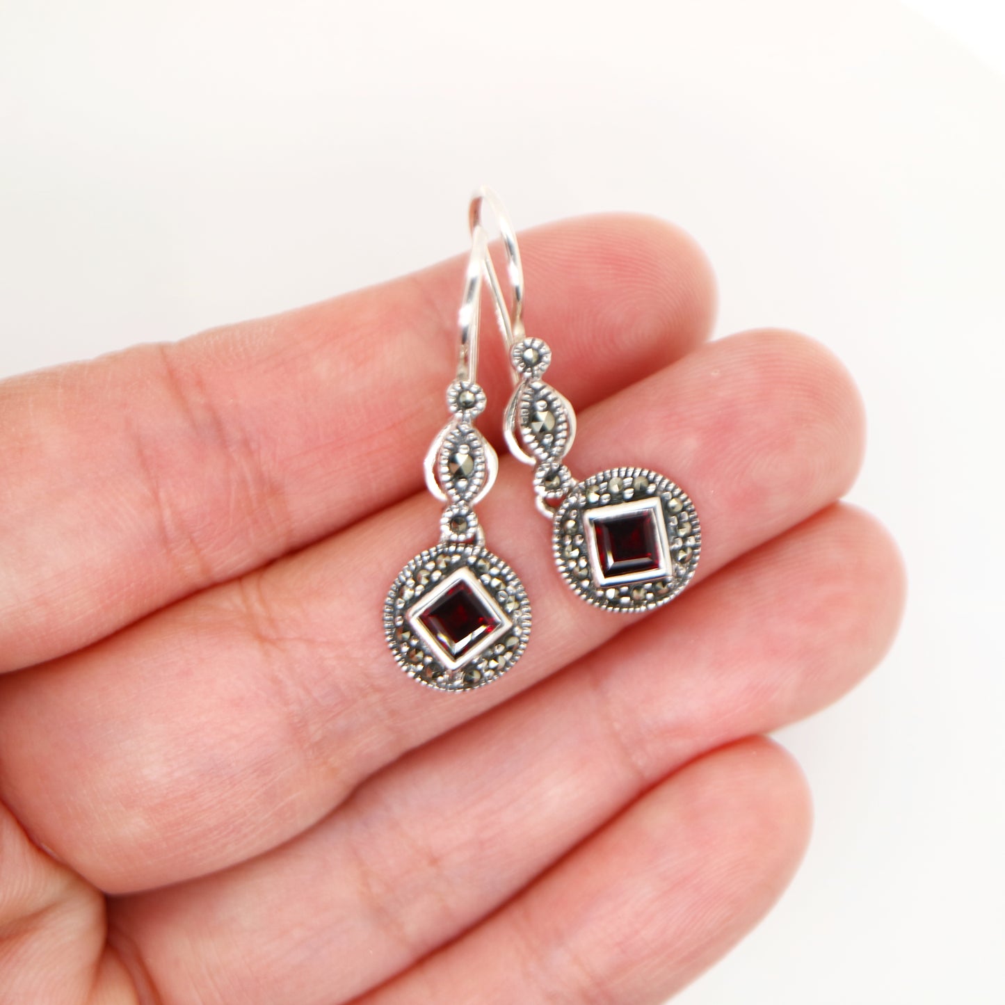 Art deco princess cut garnet drop earrings with marcasite in sterling silver