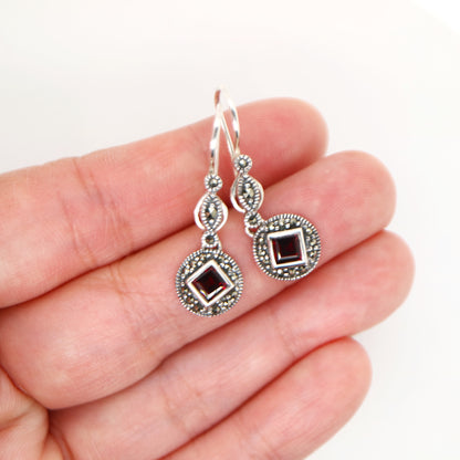 Art deco princess cut garnet drop earrings with marcasite in sterling silver