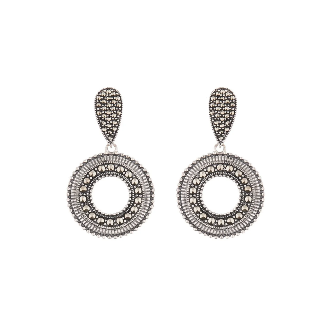 Retro moroccan circlular drop earrings in marcasite in sterling silver