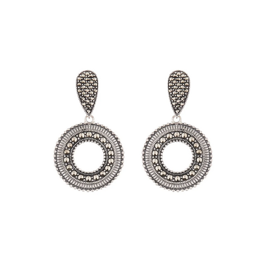 Retro moroccan circlular drop earrings in marcasite in sterling silver