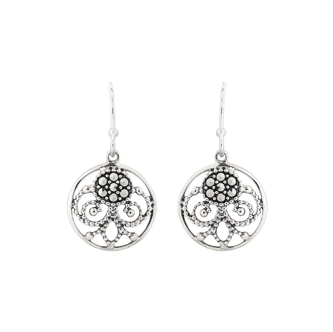 Art nouveau style filigree drop earrings in marcasite in sterling silver
