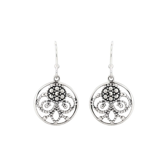 Art nouveau style filigree drop earrings in marcasite in sterling silver