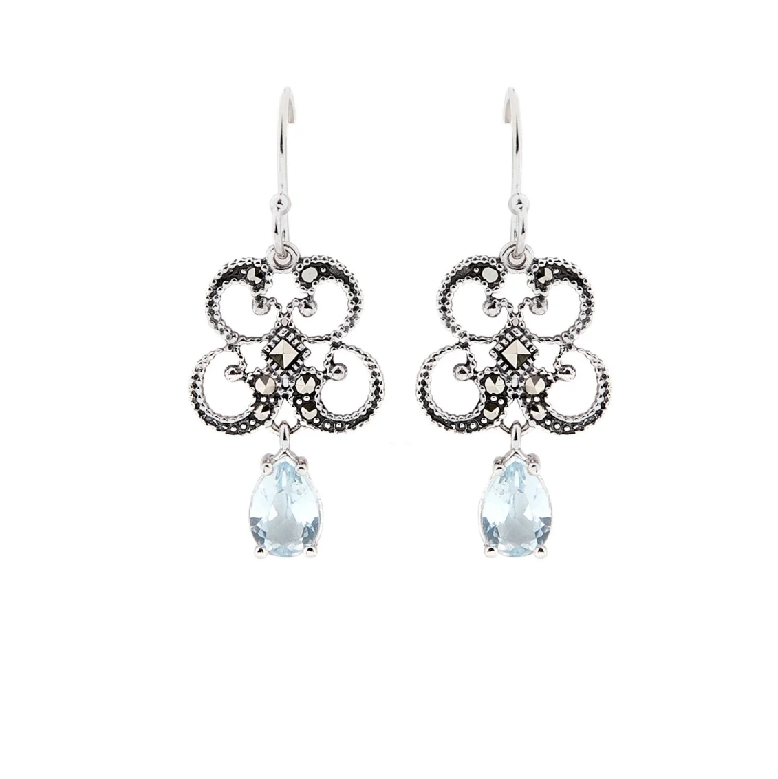 Pair of silver earrings with teardrop-shaped gemstones on a white background