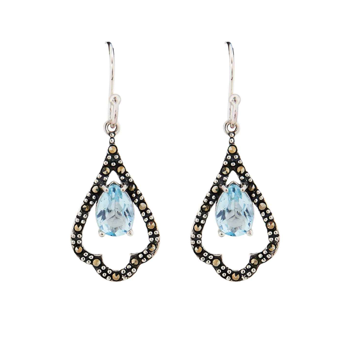 Edwardian style earrings with blue topaz, marcasite in sterling silver