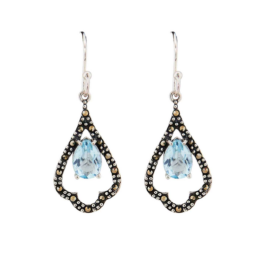 Edwardian style earrings with blue topaz, marcasite in sterling silver