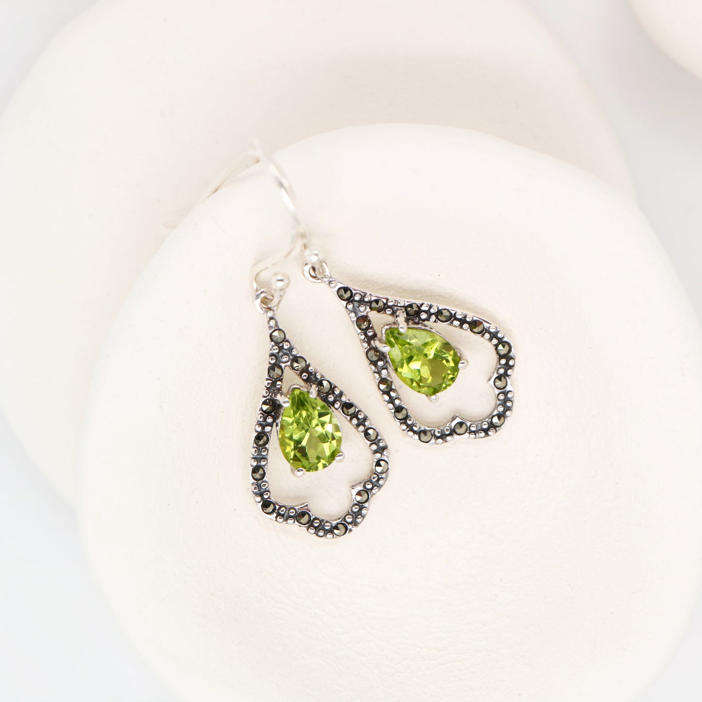 Edwardian style earrings with Peridot, marcasite in sterling silver