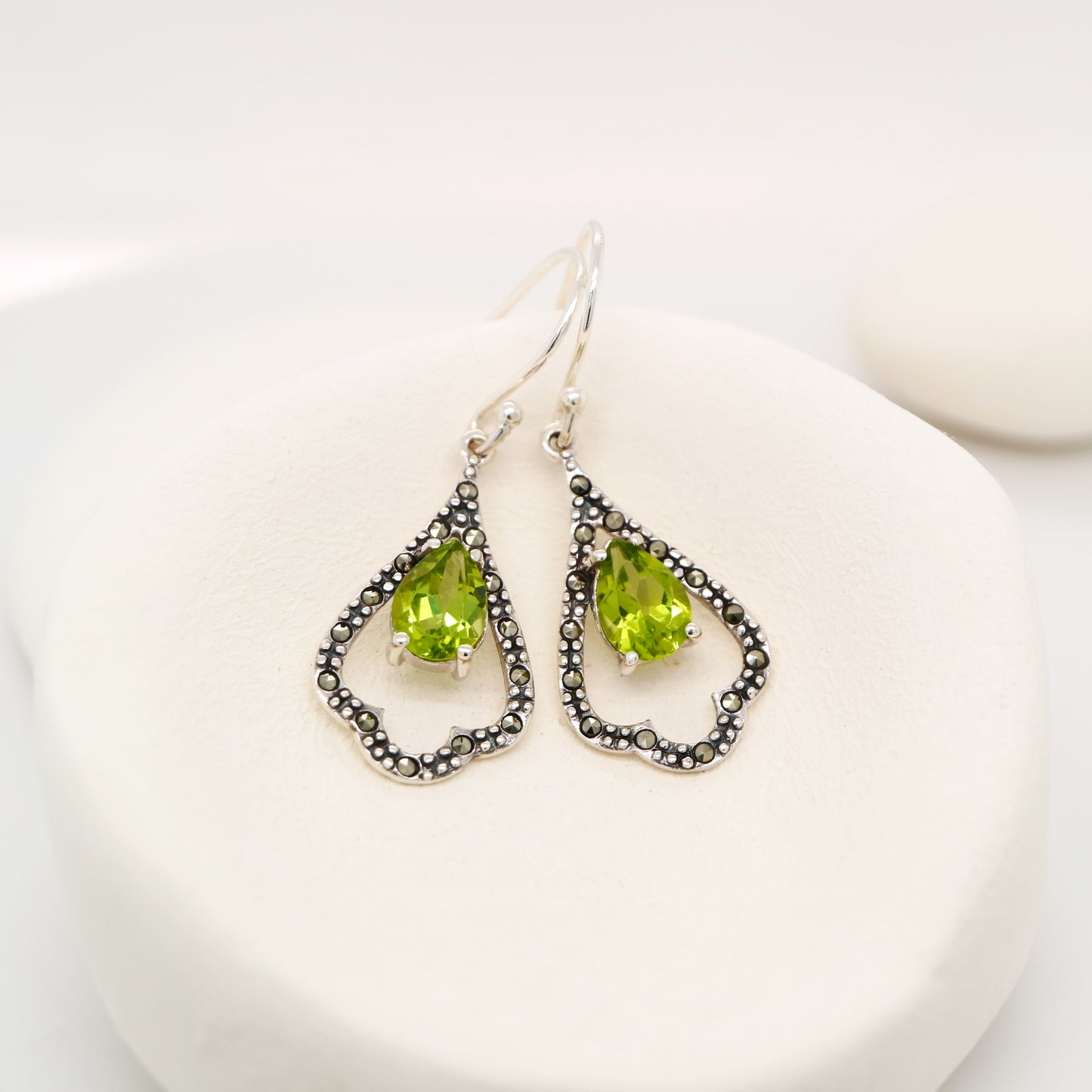 Edwardian style earrings with Peridot, marcasite in sterling silver