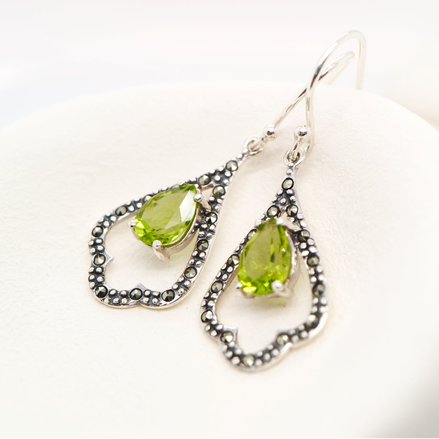 Edwardian style earrings with Peridot, marcasite in sterling silver