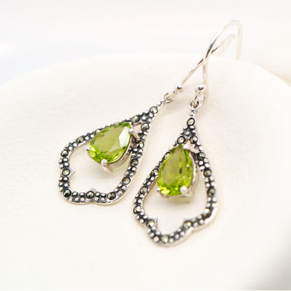 Edwardian style earrings with Peridot, marcasite in sterling silver
