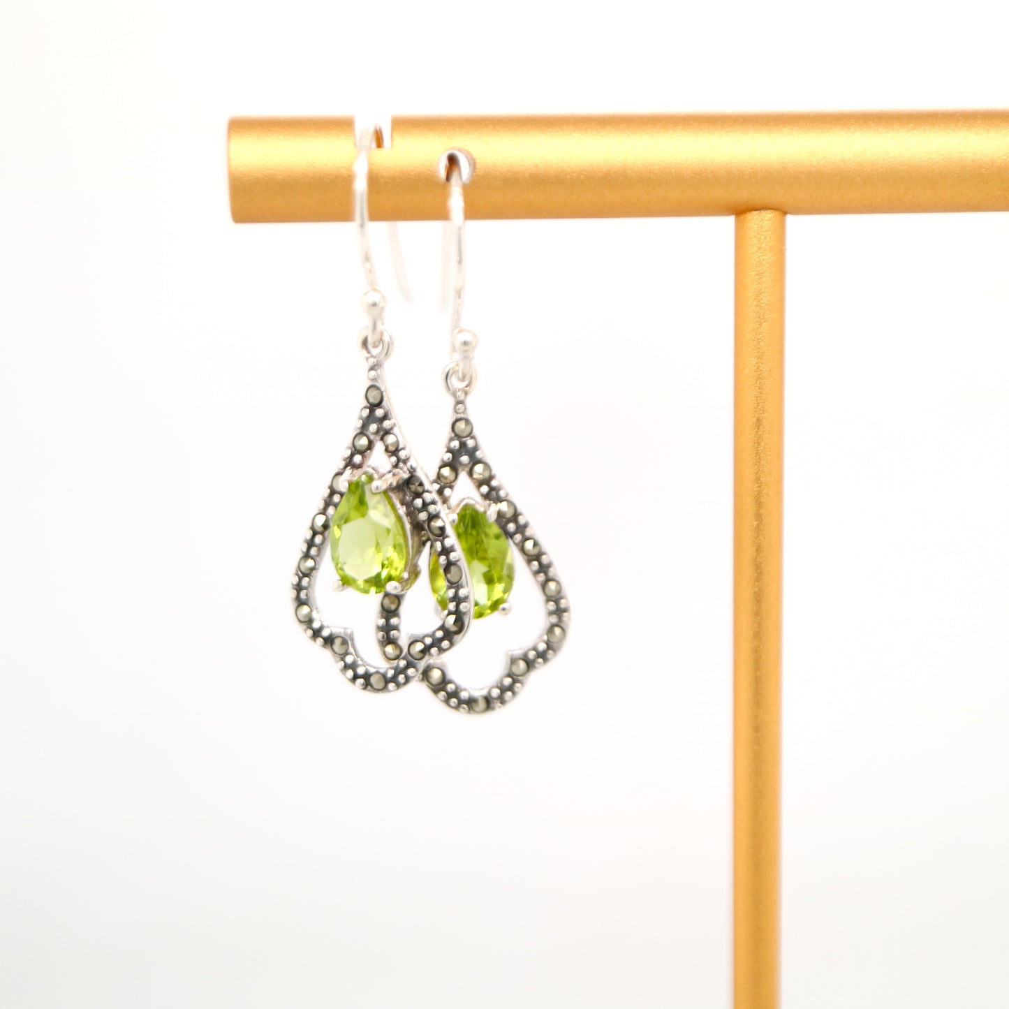 Edwardian style earrings with Peridot, marcasite in sterling silver