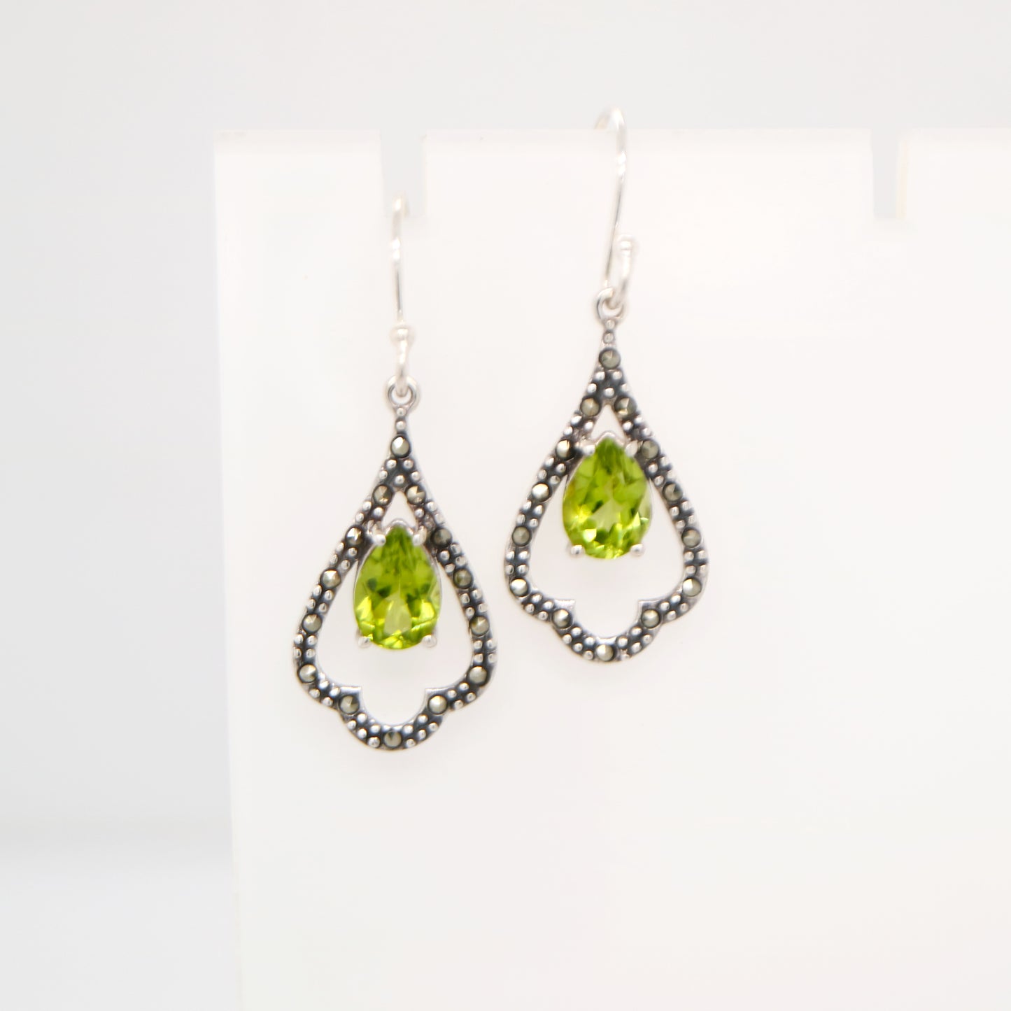 Edwardian style earrings with Peridot, marcasite in sterling silver