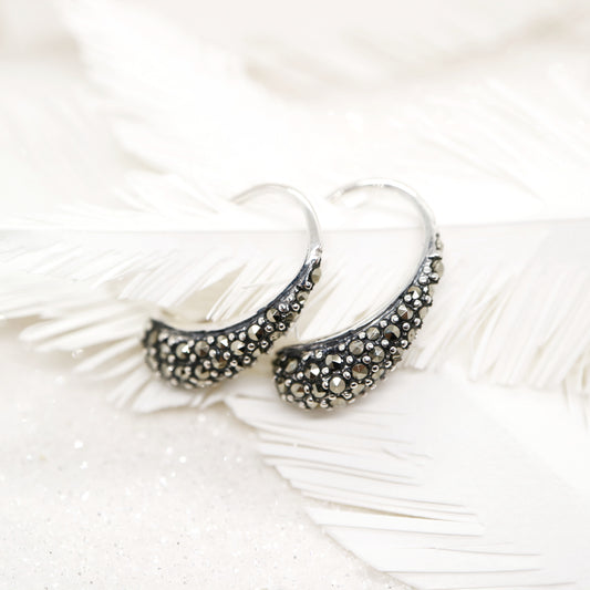 Curve hook style earrings with marcasite in sterling silver