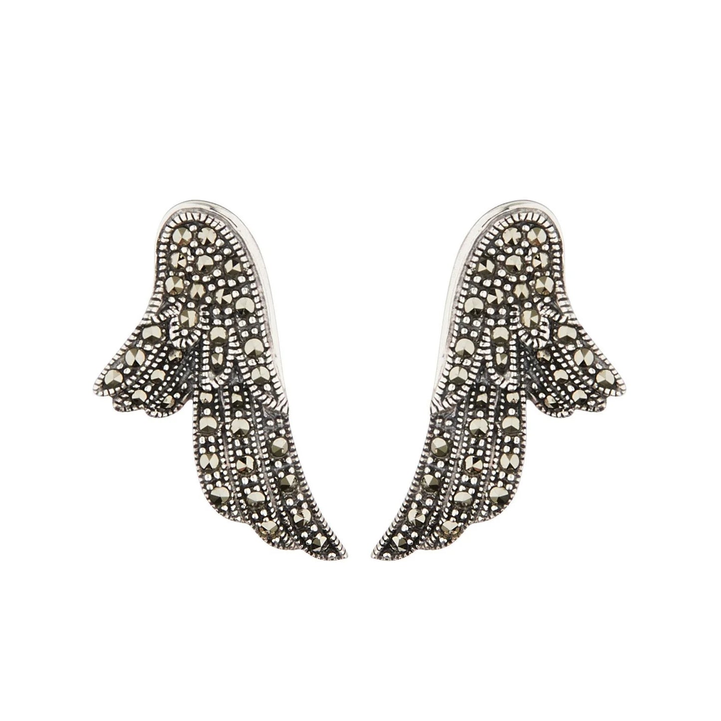 Angel wing stud earrings with marcasite in sterling silver