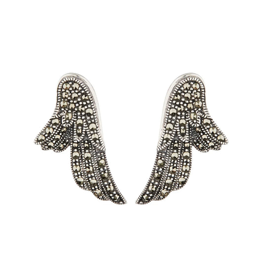 Angel wing stud earrings with marcasite in sterling silver