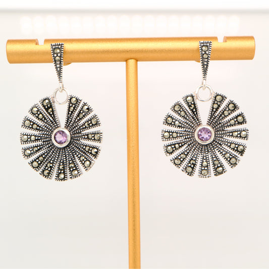 Circular marcasite fan earrings with amethyst in sterling silver