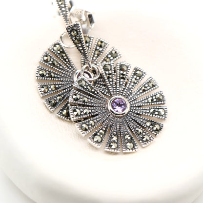 Circular marcasite fan earrings with amethyst in sterling silver