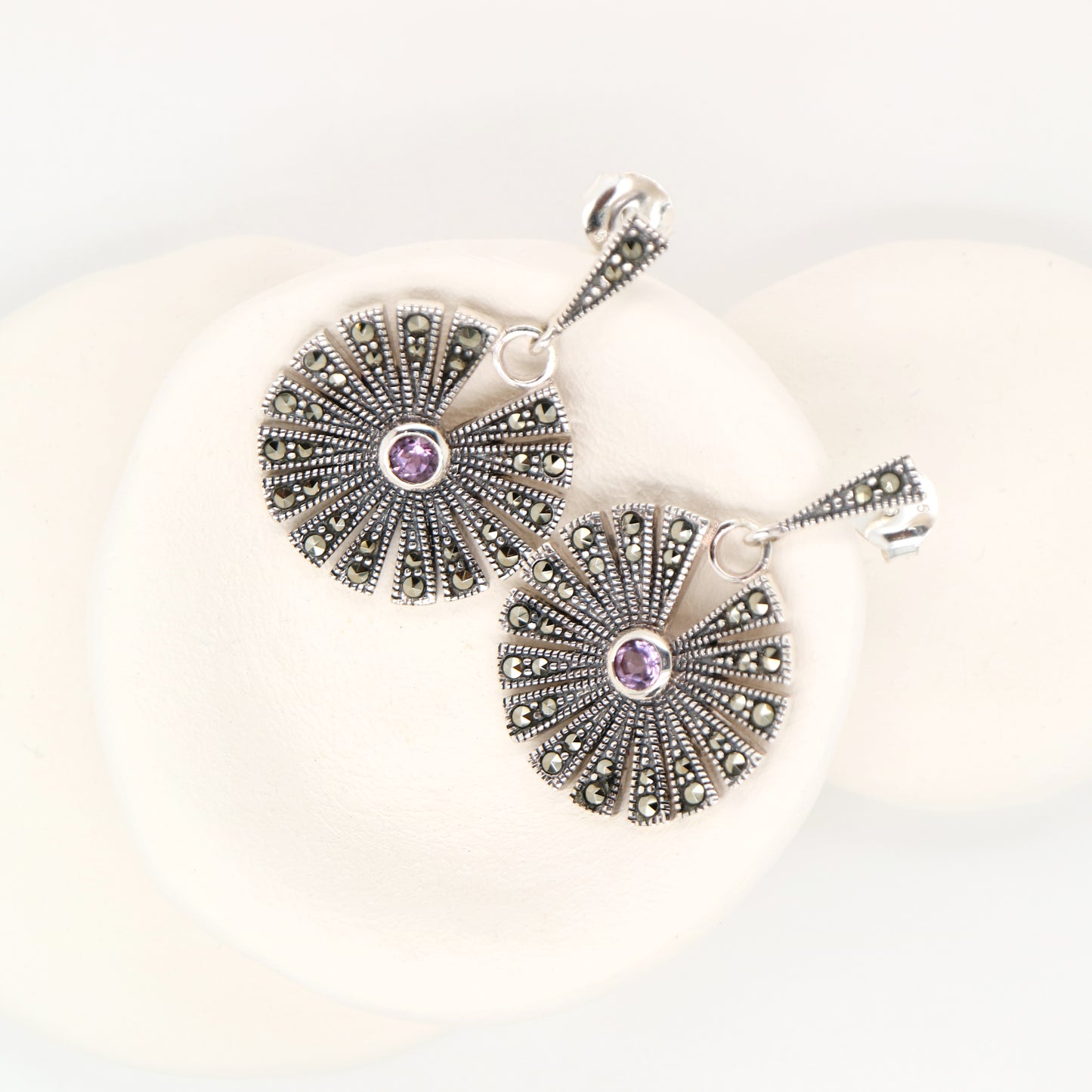 Circular marcasite fan earrings with amethyst in sterling silver