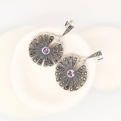 Circular marcasite fan earrings with amethyst in sterling silver