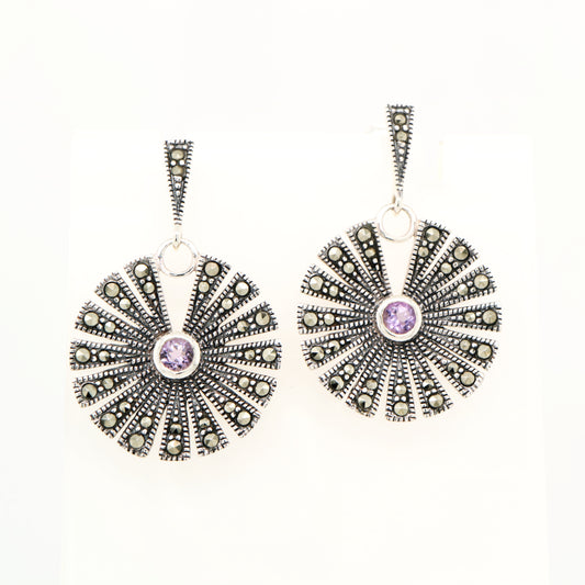 Circular marcasite fan earrings with amethyst in sterling silver