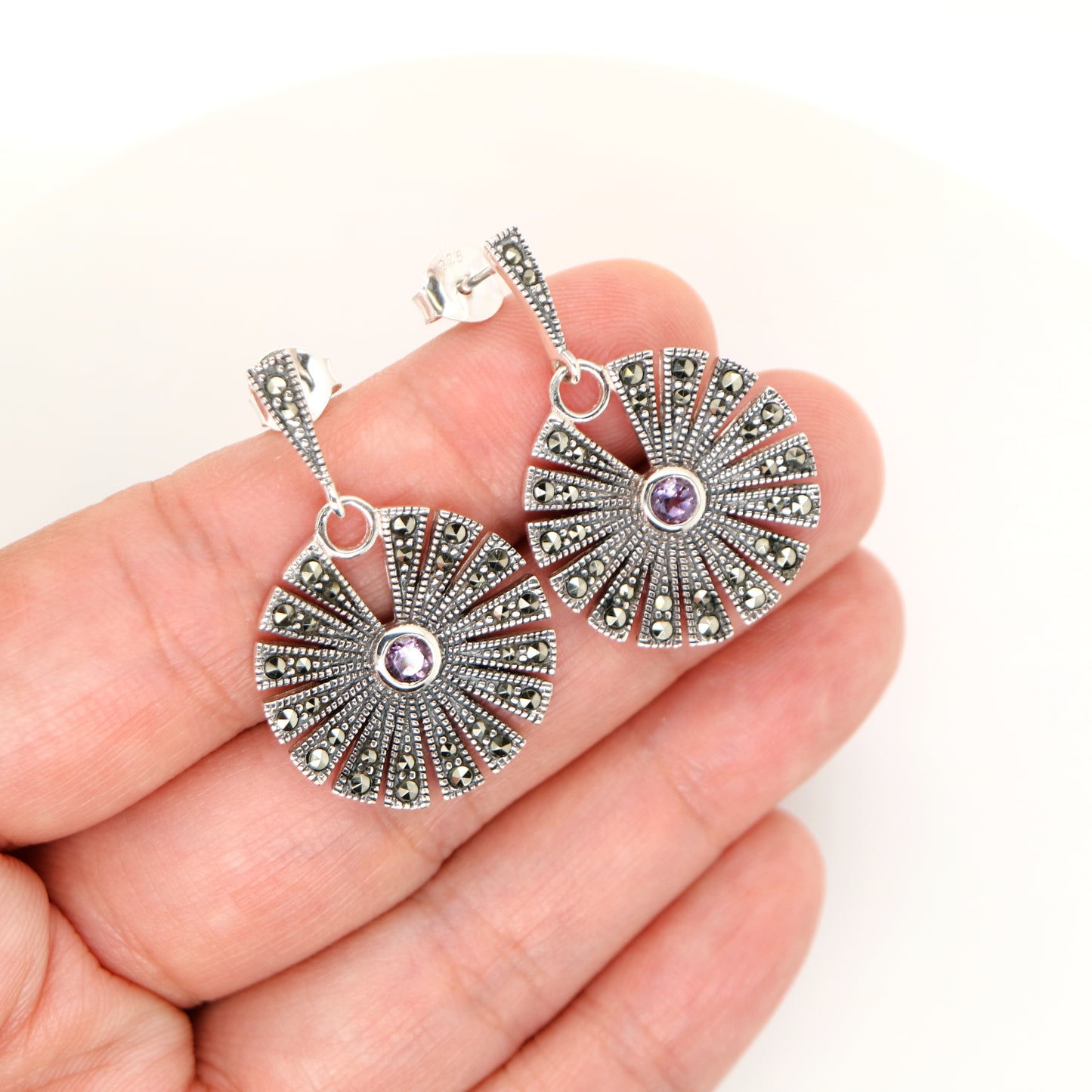 Circular marcasite fan earrings with amethyst in sterling silver