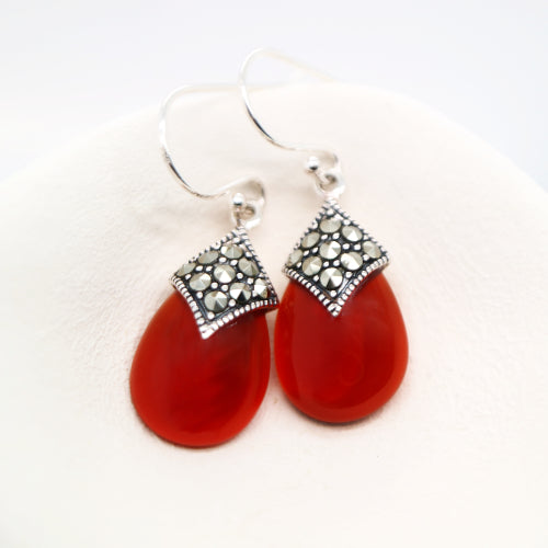 Art deco dangle earrings with carnellian and marcasite in sterling silver