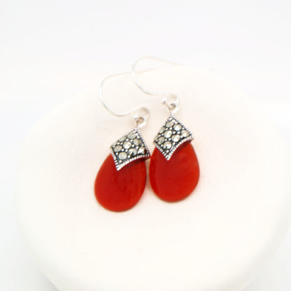 Art deco dangle earrings with carnellian and marcasite in sterling silver