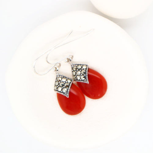 Art deco dangle earrings with carnellian and marcasite in sterling silver