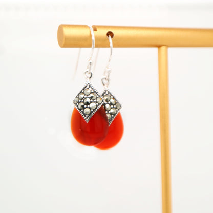Art deco dangle earrings with carnellian and marcasite in sterling silver