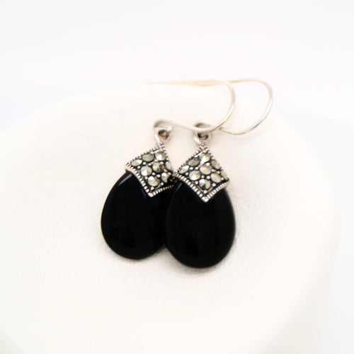 Art deco dangle earrings with onyx and marcasite in sterling silver