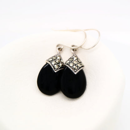 Art deco dangle earrings with onyx and marcasite in sterling silver
