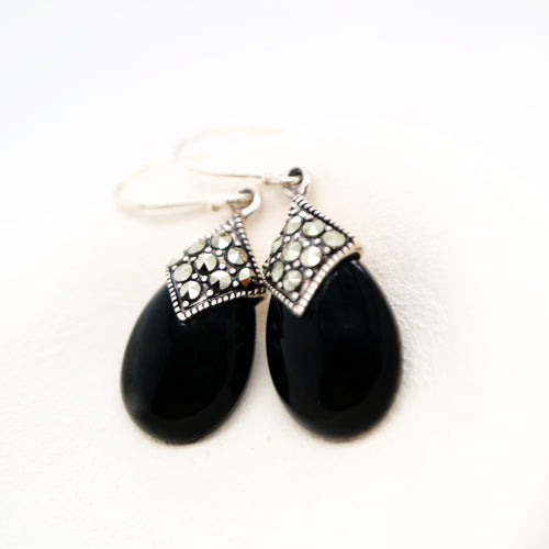Art deco dangle earrings with onyx and marcasite in sterling silver