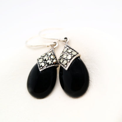 Art deco dangle earrings with onyx and marcasite in sterling silver