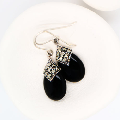 Art deco dangle earrings with onyx and marcasite in sterling silver