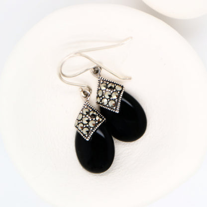 Art deco dangle earrings with onyx and marcasite in sterling silver