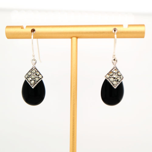 Art deco dangle earrings with onyx and marcasite in sterling silver