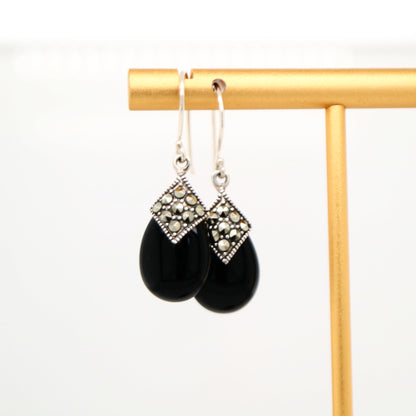 Art deco dangle earrings with onyx and marcasite in sterling silver