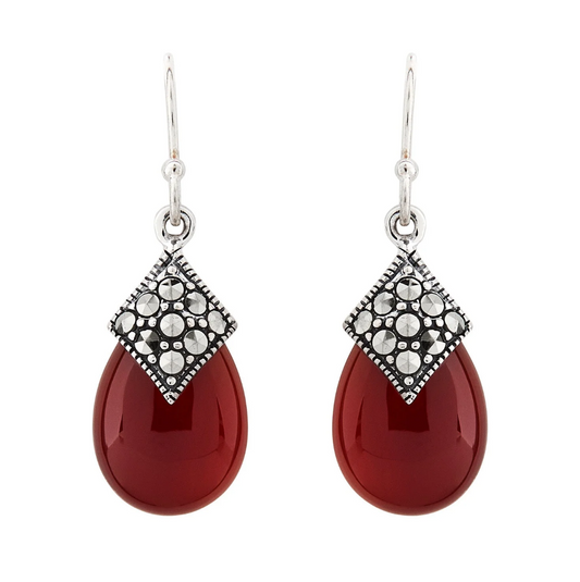 Art deco dangle earrings with carnellian and marcasite in sterling silver